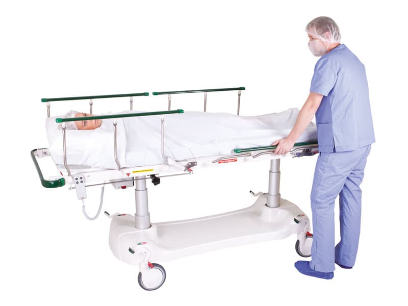Patient Trolley, Electric Hi-Lo, Backrest, Kneebreak & Trendelenburg, Includes 100mm Mattress, Foot Rail, 5 Riser Dropside Rails & 2 Handsets, Contour Endosurge, Modsel